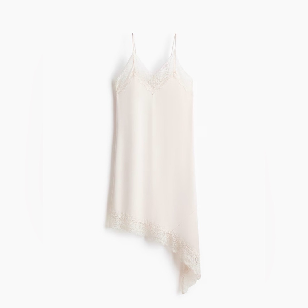 Silky Lace Trim Asymmetrical Slip Dress - Ivory